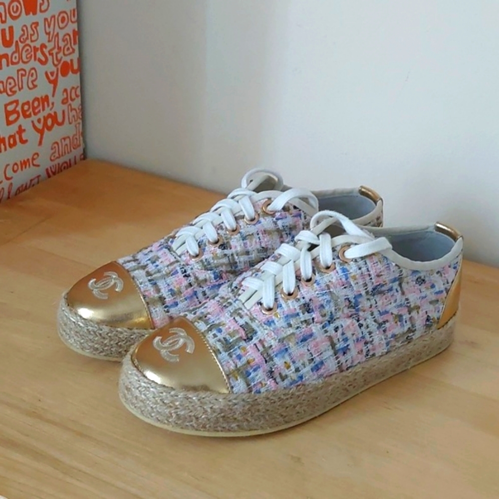 Chanel espadrilles lace-up shoes tweed